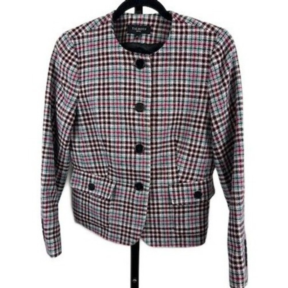 Talbots Blazer Women's Size 8P Petite Plaid Collarless Pink Green‎ Houndstooth